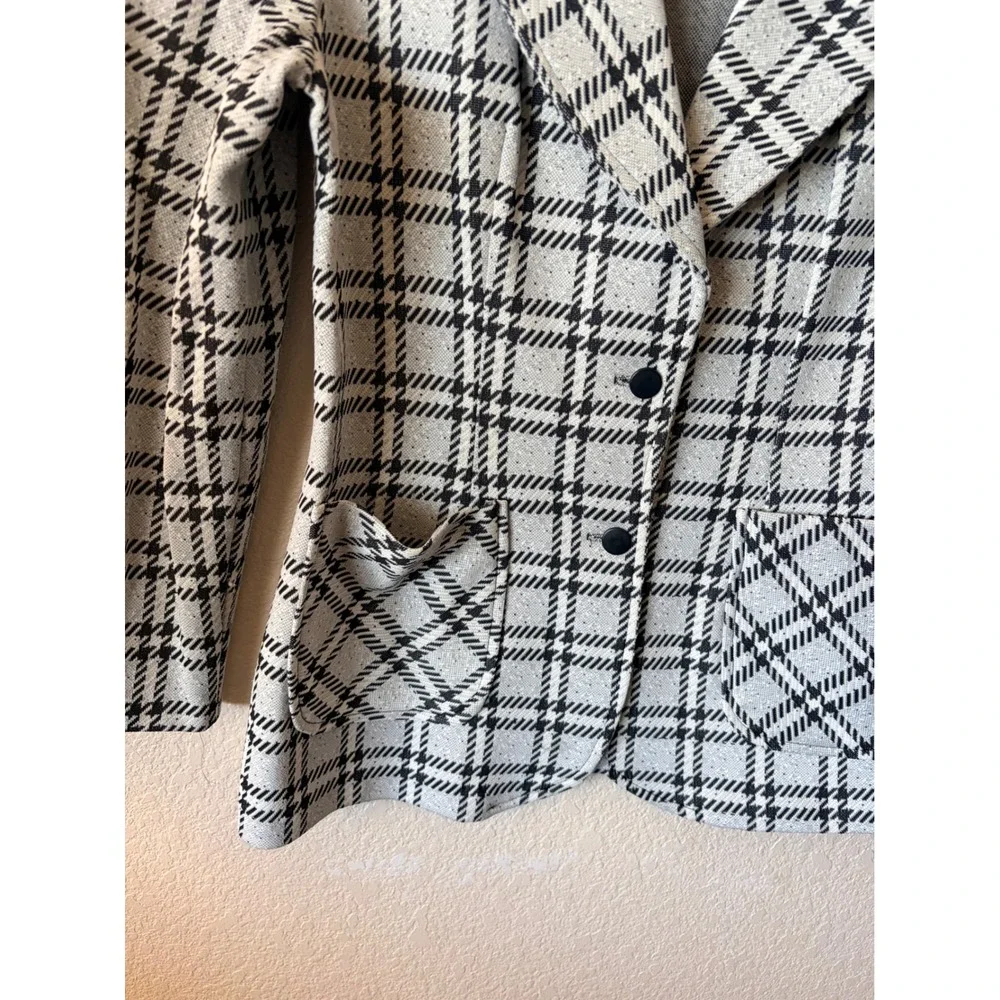 Vintage Black White Plaid Knit Blazer  Jacket Wide Lapel Patch Pockets Womens - Picture 6 of 8